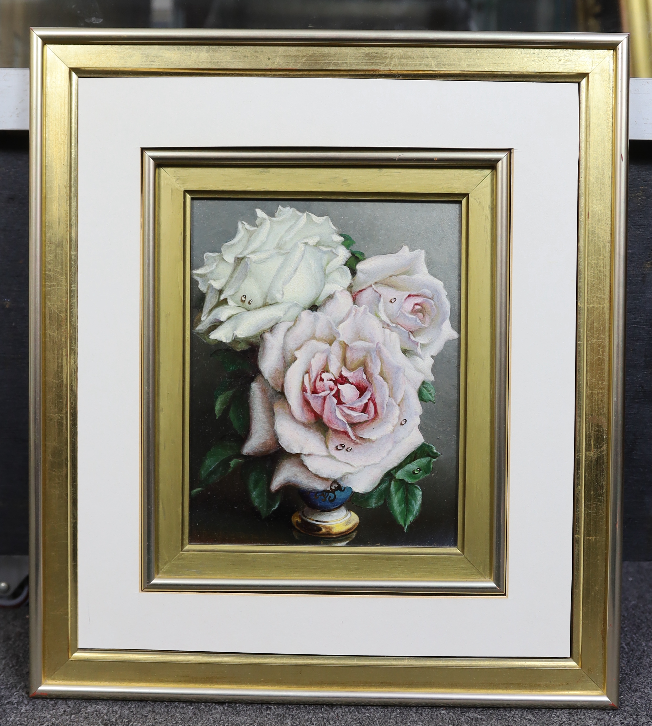 Irene Klestova (Russian, 1908-1989), 'Roses and dew', oil on board, 23 x 18cm